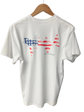 White t-shirt with American flag design on a wooden hanger