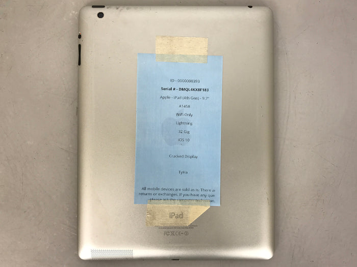 Apple iPad 4th Gen 16GB 9.7" Gray A1458 WiFi Only *Cracked Display*