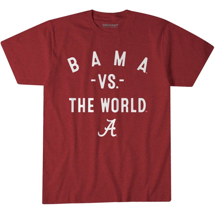 A heathered red short-sleeve t-shirt with a white graphic print reading 'BAMA -VS- THE WORLD' and a large script letter 'A' on the front, displayed flat against a white background.