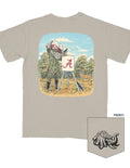 Beige t-shirt with a graphic of a person in a camouflage outfit and a sign with 'A' on a white background