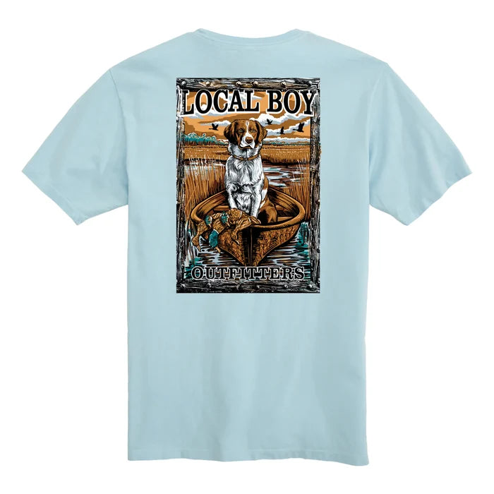 Light blue t-shirt with a graphic of a dog and text on the back, on a white background