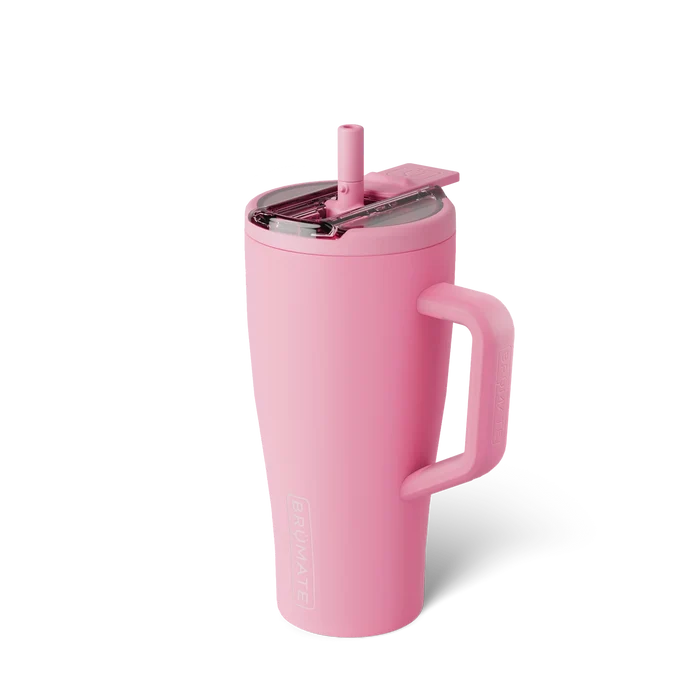 Pink travel mug with a handle and straw lid on a white background