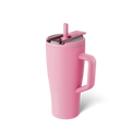Pink travel mug with a handle and straw lid on a white background