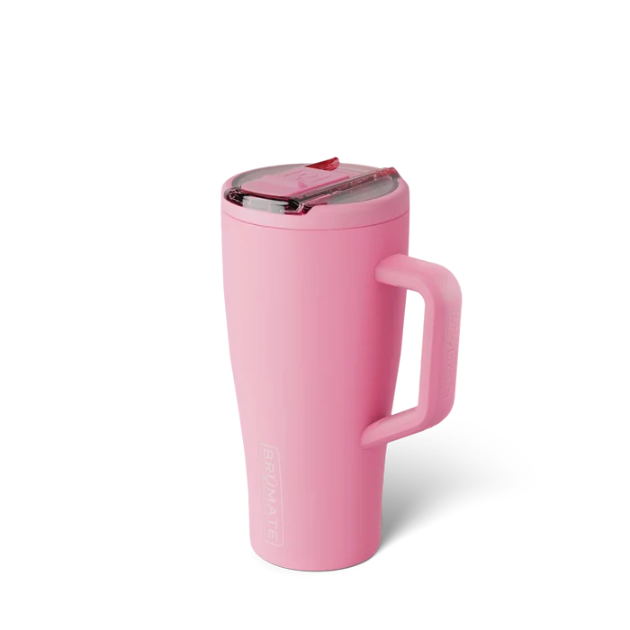 Pink travel mug with a handle on a white background