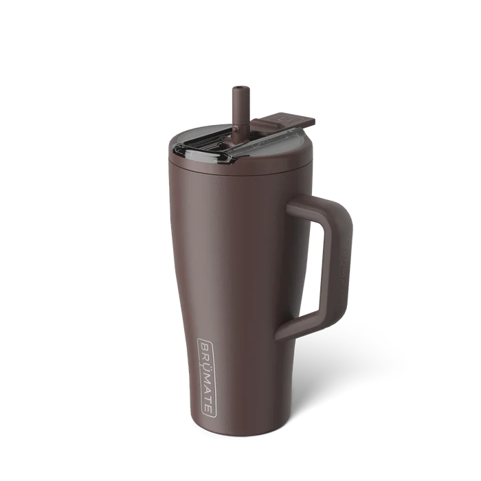 Brown travel mug with handle on a white background