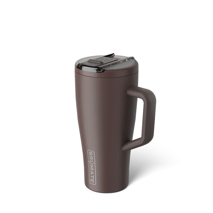 Brown travel mug with handle on a white background