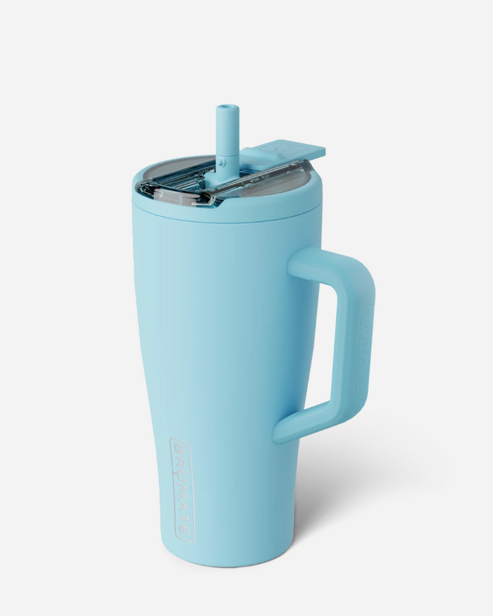 Light blue mug with handle and straw lid on a white background