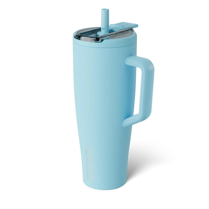 Light blue tumbler with handle and straw on a white background