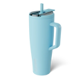 Light blue tumbler with handle and straw on a white background