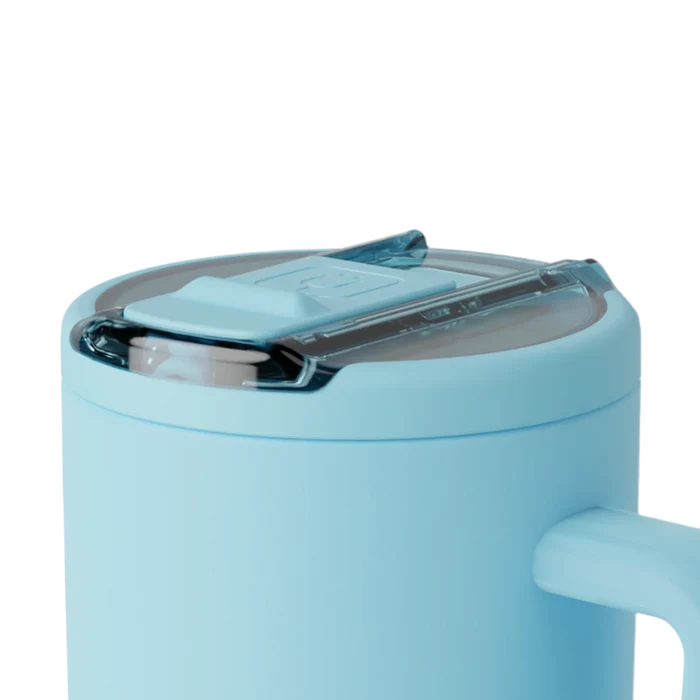 Light blue mug with a transparent lid on a white background