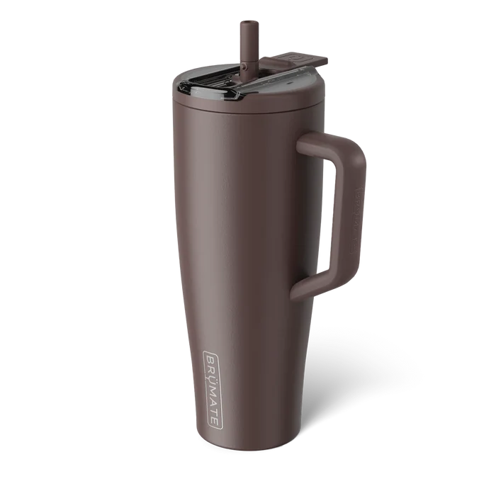 Brown insulated tumbler with handle on a white background