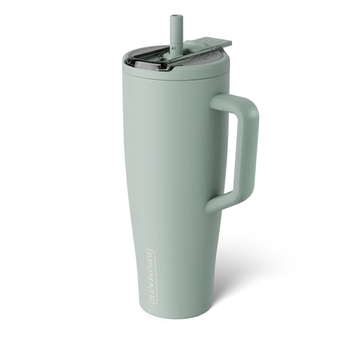 Light blue insulated tumbler with handle on a white background