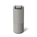 Gray cylindrical container with a brand logo on a white background