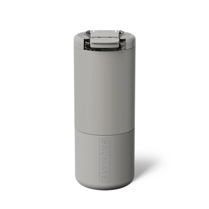 Gray cylindrical container with a brand logo on a white background