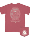 A dusty rose short-sleeve t-shirt featuring a white line-art graphic of the University of Alabama football stadium on the back, with 'University of Alabama' and the 'A' logo printed below. A pocket detail graphic is shown in the bottom right corner.