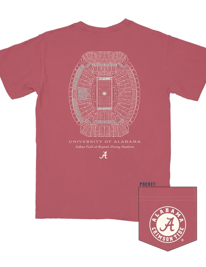 A dusty rose short-sleeve t-shirt featuring a white line-art graphic of the University of Alabama football stadium on the back, with 'University of Alabama' and the 'A' logo printed below. A pocket detail graphic is shown in the bottom right corner.