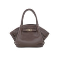 A structured taupe leather handbag with a top handle and a gold-tone turn-lock closure on the front, shown against a plain white background.