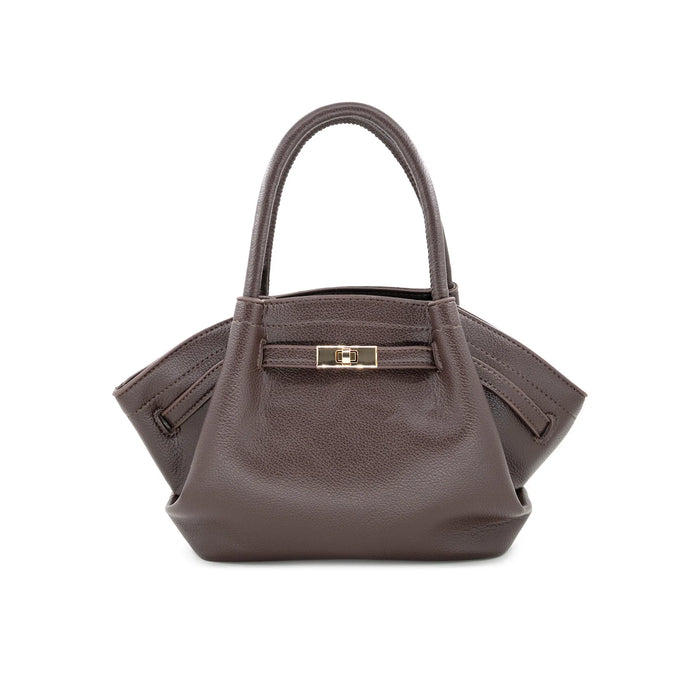 A structured taupe leather handbag with a top handle and a gold-tone turn-lock closure on the front, shown against a plain white background.