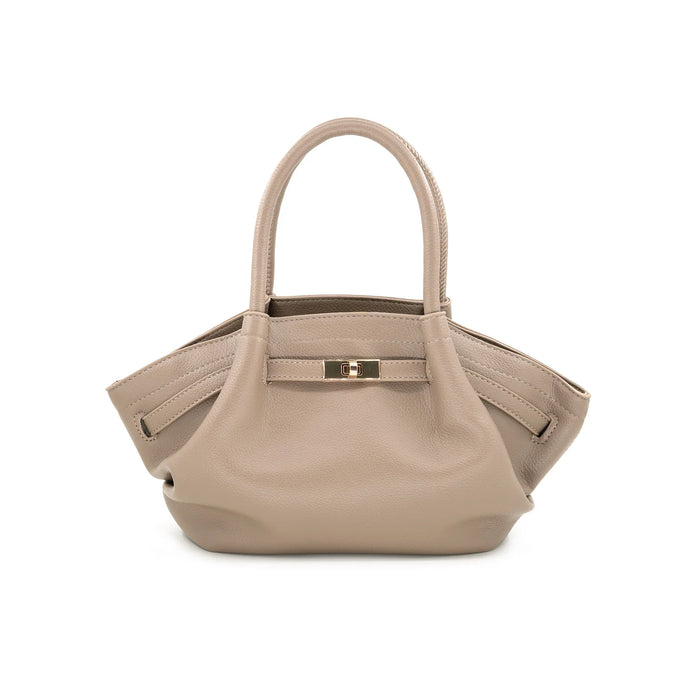 A structured taupe leather handbag with dual top handles and a gold-tone front turn-lock clasp, photographed on a clean white background.