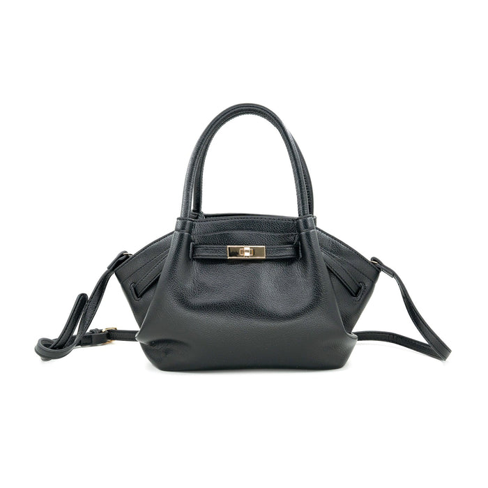 A black pebbled leather handbag with a structured silhouette, dual top handles, a front gold-tone turn-lock clasp, and a detachable shoulder strap, shown on a plain white background.