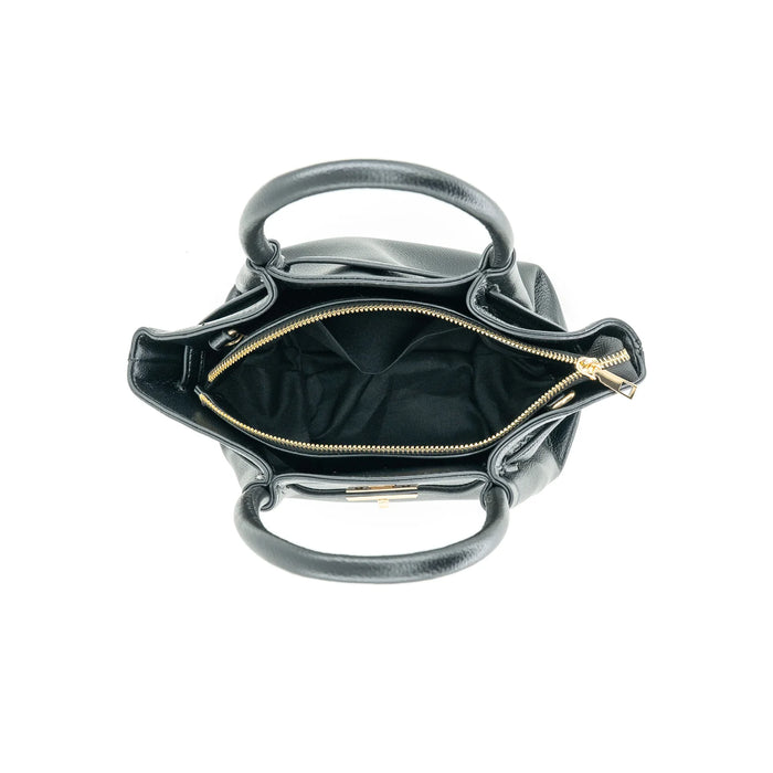 Black leather handbag shown from a top-down view, featuring dual top handles and an open top zip closure with a gold zipper pull.