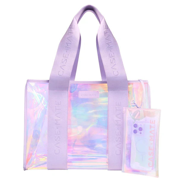 Iridescent tote bag with matching pouch on a white background