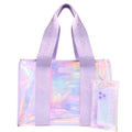 Iridescent tote bag with matching pouch on a white background