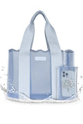 Clear tote bag with blue accents holding two phone cases on a white background