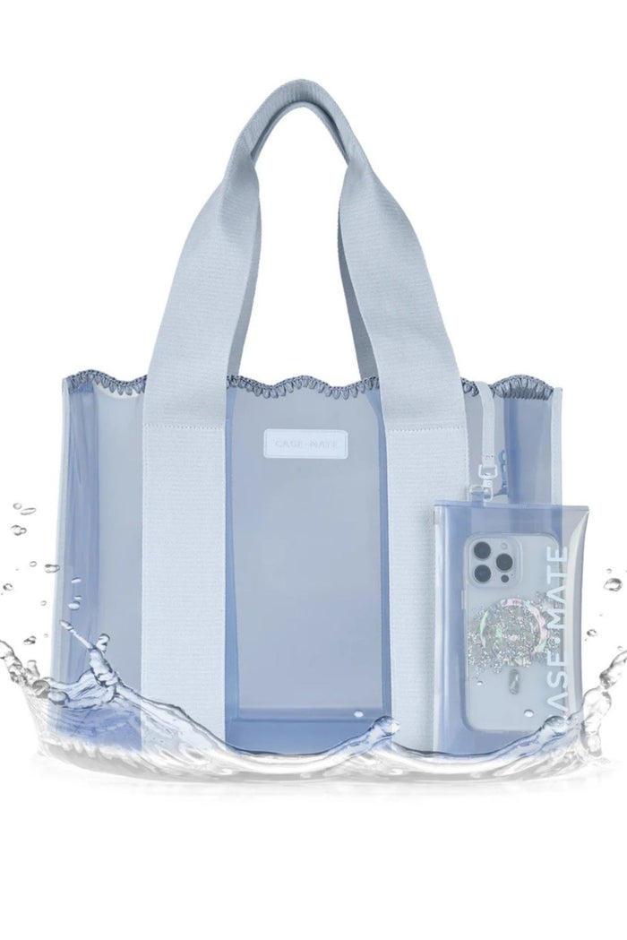 Clear tote bag with blue accents holding two phone cases on a white background