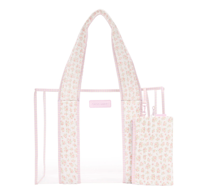Floral-patterned tote bag with a smaller matching pouch on a white background