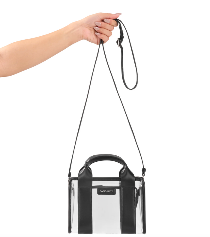Clear handbag with black handle and strap held by a hand on a white background
