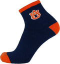 Navy blue sock with orange accents featuring a logo on a white background