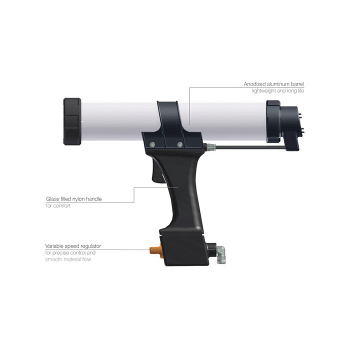 COX AirFlow 2 pneumatic sachet gun with labeled aluminum barrel, nylon handle, and variable speed regulator