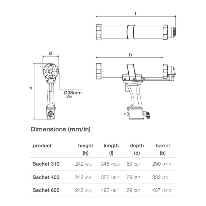 COX AirFlow 2 sachet gun dimensional drawing comparing the 310 mL, 400 mL, and 600 mL models