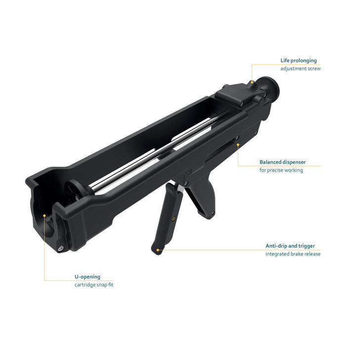 COX H245 310 mL (10 oz) one-component manual cartridge gun with labeled U-opening, adjustment screw, balanced design, and anti-drip trigger