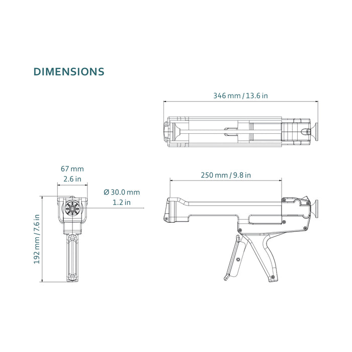 COX H245 310 mL cartridge gun dimensional drawing showing 13.6 × 7.6 × 2.6 inch overall dimensions