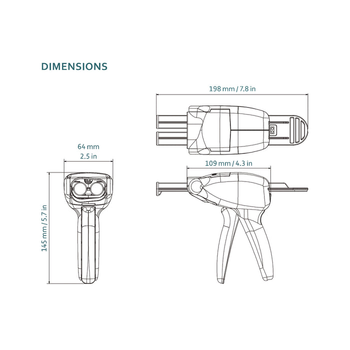 COX MR 50 cartridge gun dimensional drawing showing 7.8 × 5.7 × 2.5 inch overall dimensions