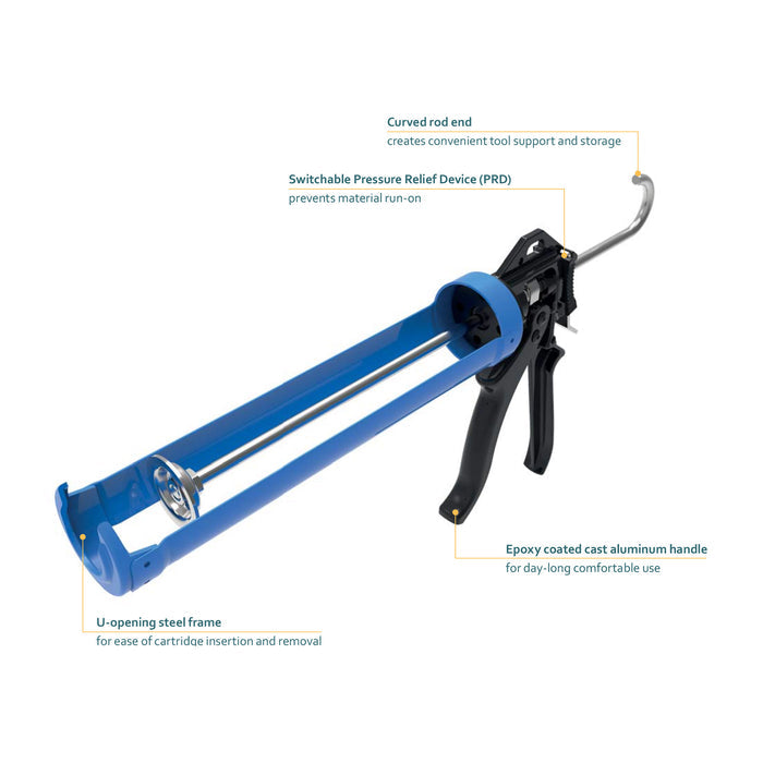 COX PowerFlow 310 cartridge gun with labeled U-opening frame, pressure relief device, aluminum handle, and curved rod end