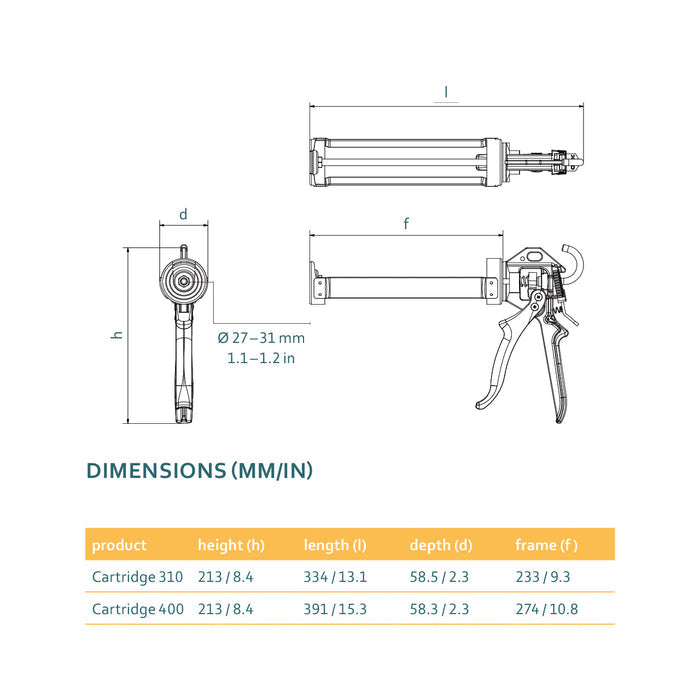 COX PowerFlow cartridge gun dimensional drawing comparing the 310 mL and 400 mL models