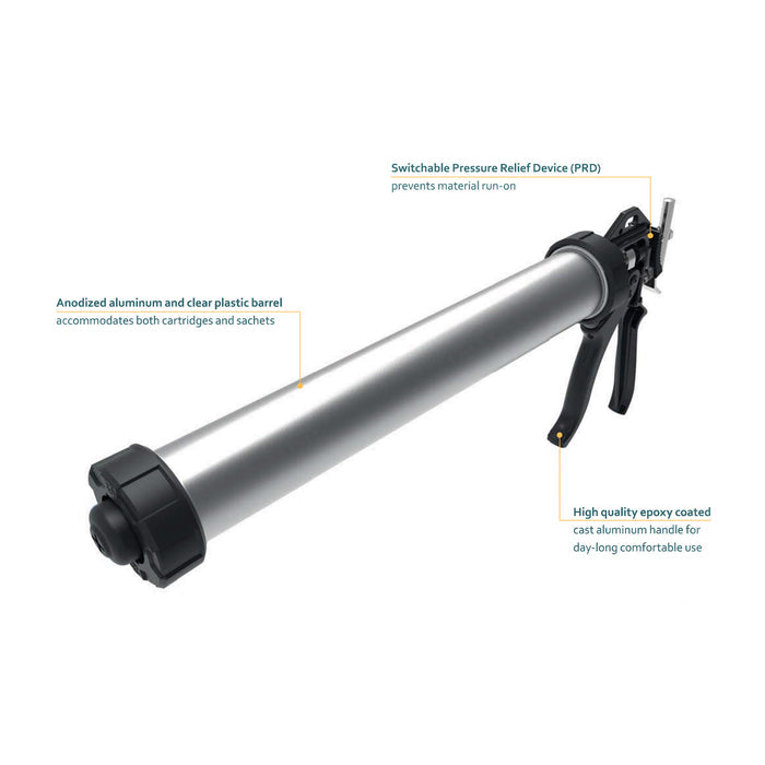 COX PowerFlow Combi 600 dispenser with labeled barrel, pressure relief device, and aluminum handle