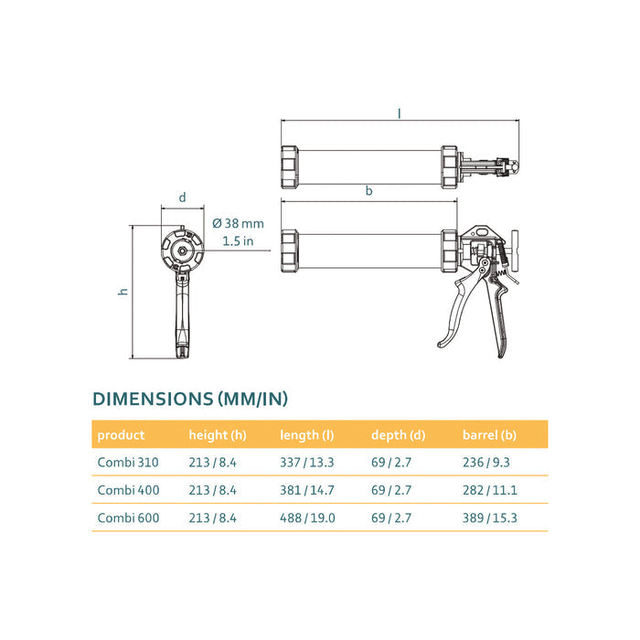 COX PowerFlow Combi dimensional drawing comparing the 310 mL, 400 mL, and 600 mL models