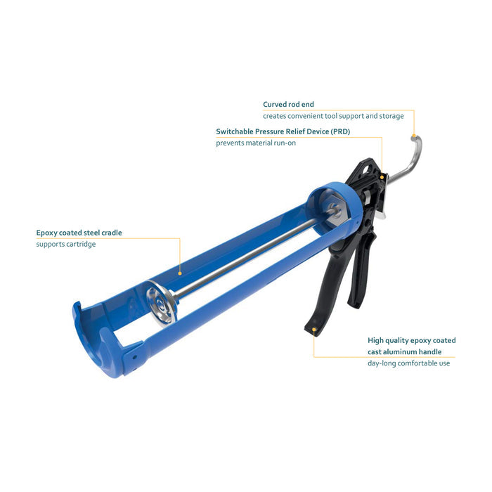 COX PowerFlow HP 310 cartridge gun with labeled steel cradle, pressure relief device, aluminum handle, and curved rod end