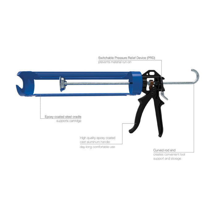 COX PowerFlow Quart cartridge gun with labeled pressure relief device, steel cradle, aluminum handle, and curved rod end