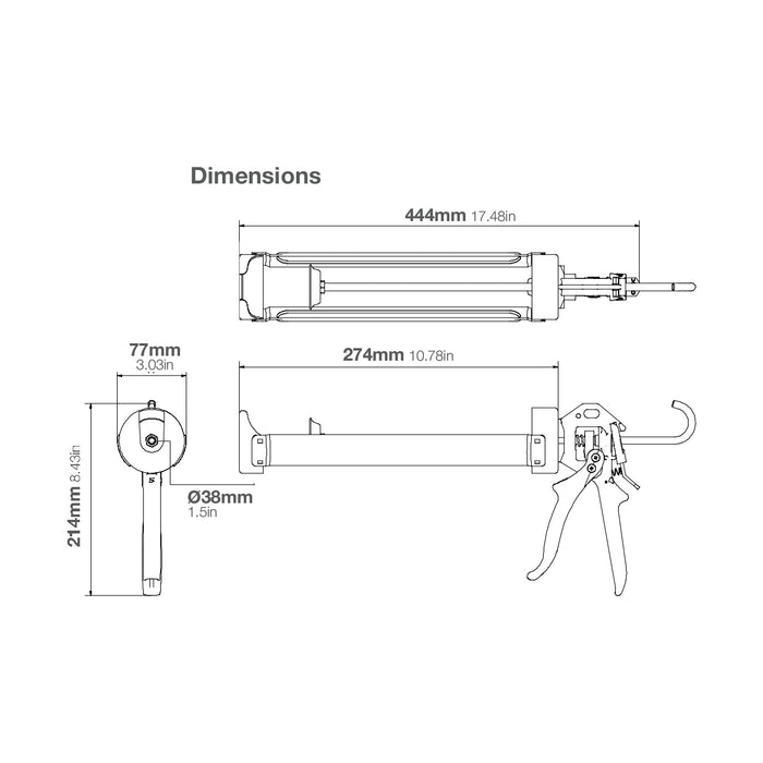 COX PowerFlow Quart cartridge gun dimensional drawing showing 444 × 214 × 77 mm overall dimensions
