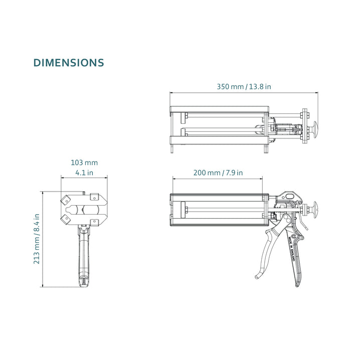 COX VBM 400X MR cartridge gun dimensional drawing showing 13.8 × 8.4 × 4.1 inch overall dimensions
