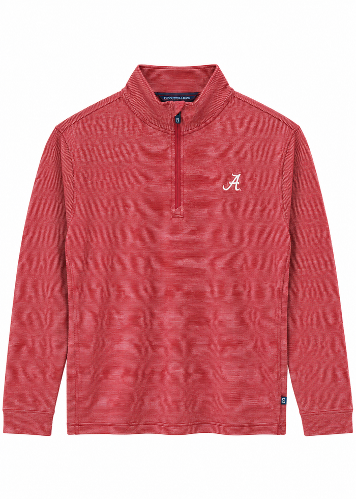 A red heathered long-sleeve quarter-zip pullover with a white embroidered Alabama 'A' logo on the left chest, displayed on a clean white background.