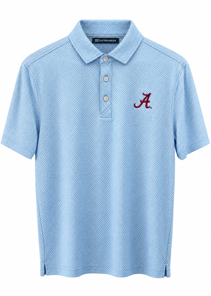 A light blue short-sleeve polo shirt with a textured micro-dot pattern, featuring a three-button placket and a red embroidered 'A' logo on the left chest, displayed on a clean white background.