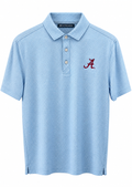 A light blue short-sleeve polo shirt with a textured micro-dot pattern, featuring a three-button placket and a red embroidered 'A' logo on the left chest, displayed on a clean white background.