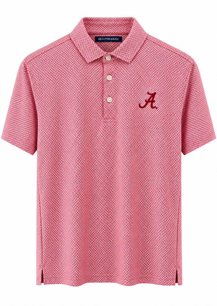 A pink short-sleeve polo shirt with a textured micro-dot pattern, featuring a three-button placket and a maroon embroidered 'A' logo on the left chest, displayed on a clean white background.
