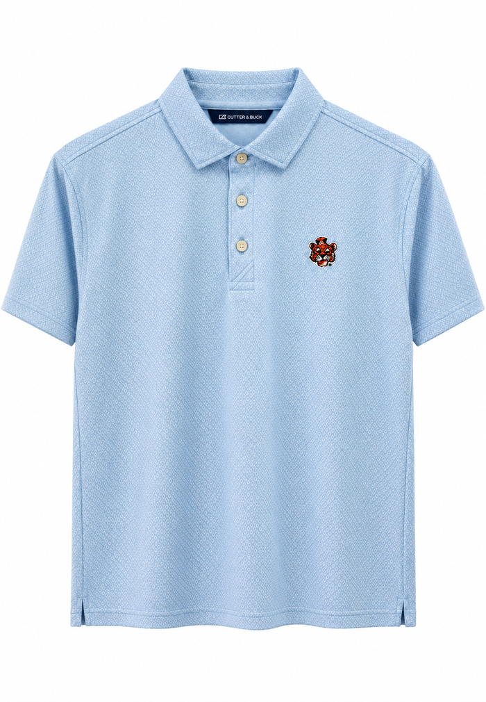 A light blue short-sleeve polo shirt with a three-button placket and a small embroidered crest on the left chest, shown on a plain white background.